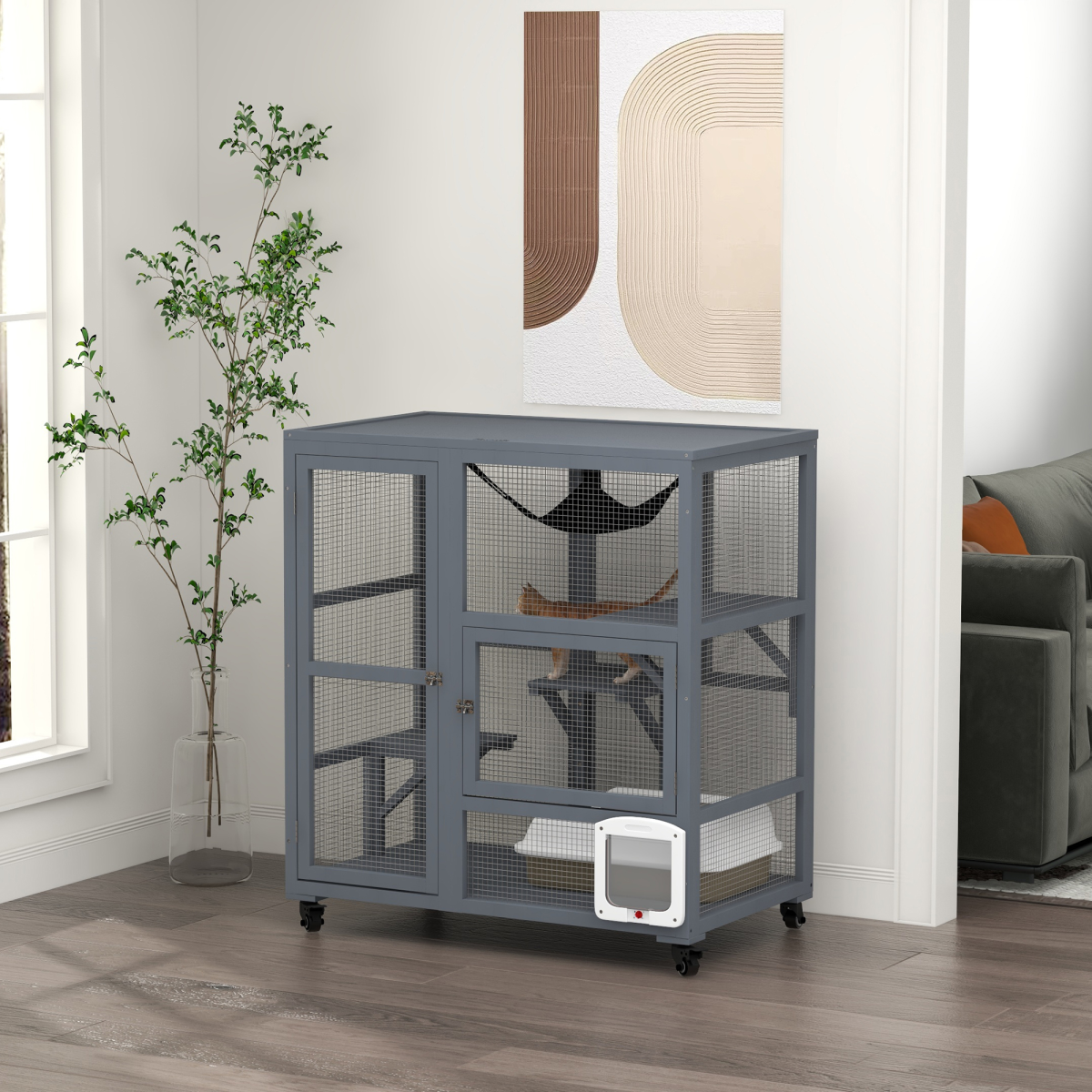 PawHut Outdoor Cat House Catio on Wheels with Platforms & Hammock