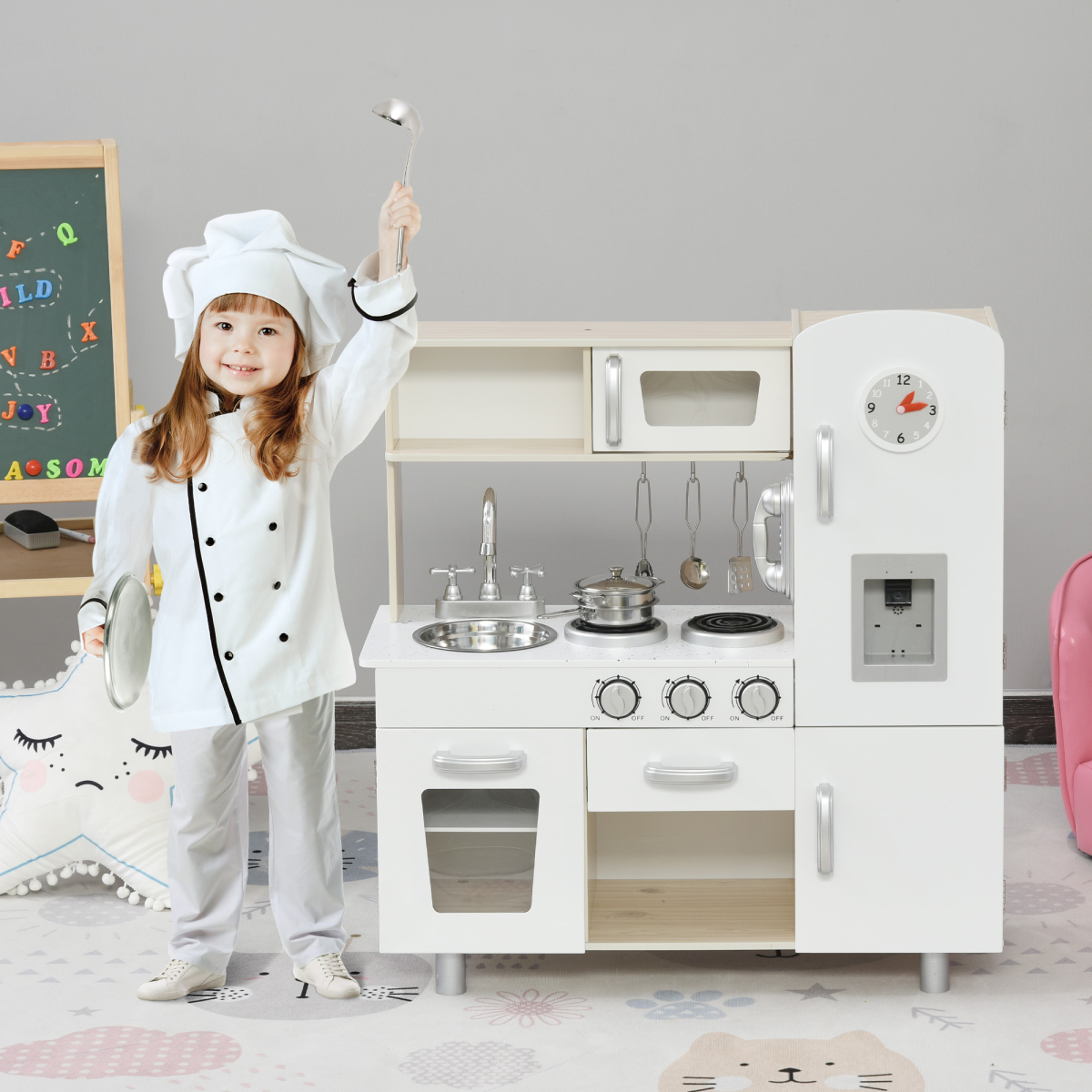 HOMCOM White Kids Kitchen Playset with Accessories, Pretend Cooking Set, Sink, Induction Cooker, Telephone and Water Dispenser