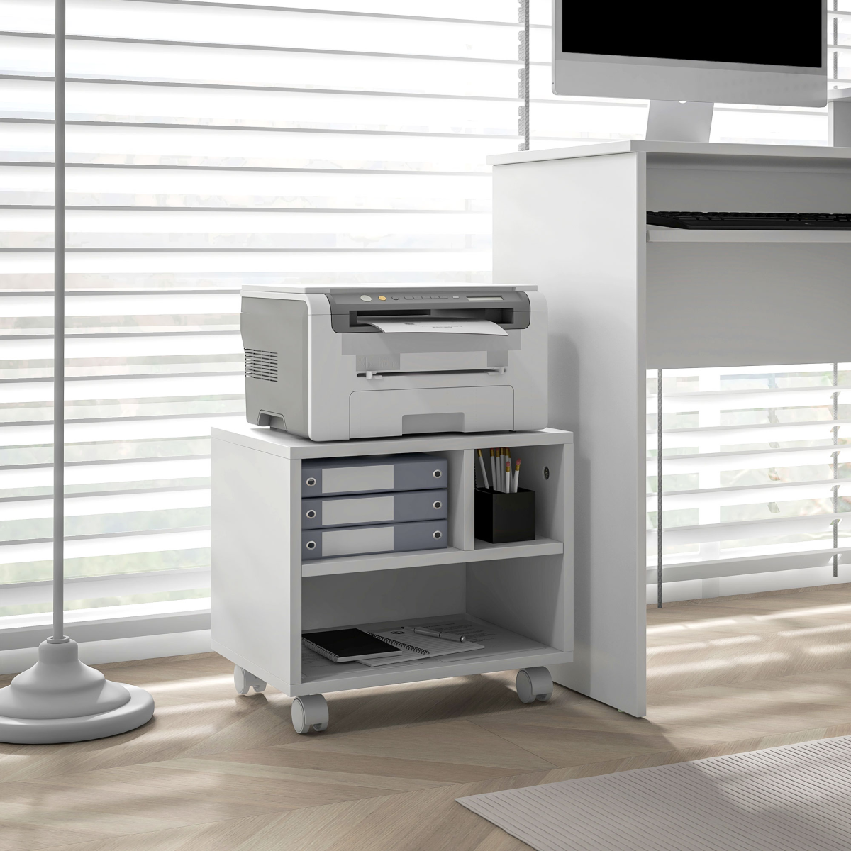 HOMCOM White Printer Stand with Storage and Wheels for Home Office