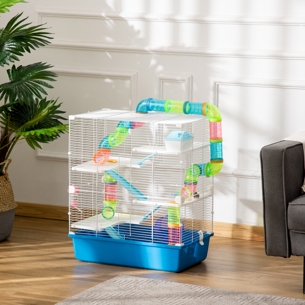 PawHut Five-Level Hamster Cage with Tubes, Water Bottle, Exercise Wheel, Ramps, Hut and Food Dish, Blue