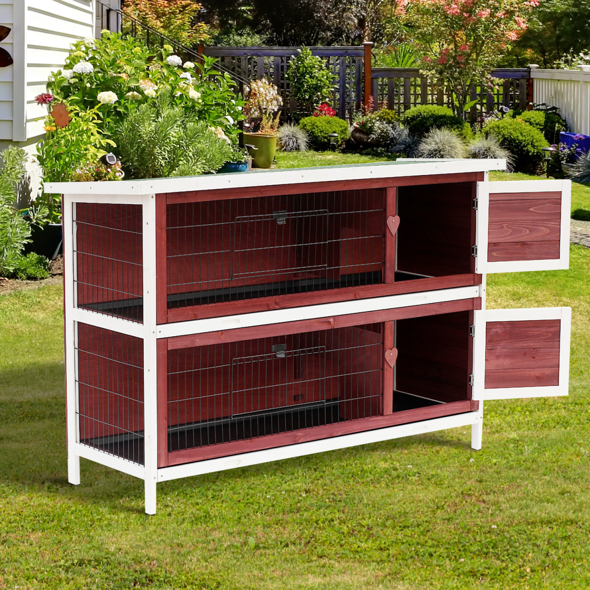 PawHut Two-Tier Elevated Wooden Rabbit Hutch Bunny Cage for Small Pets with Slide-Out Trays and Weather-Resistant Roof