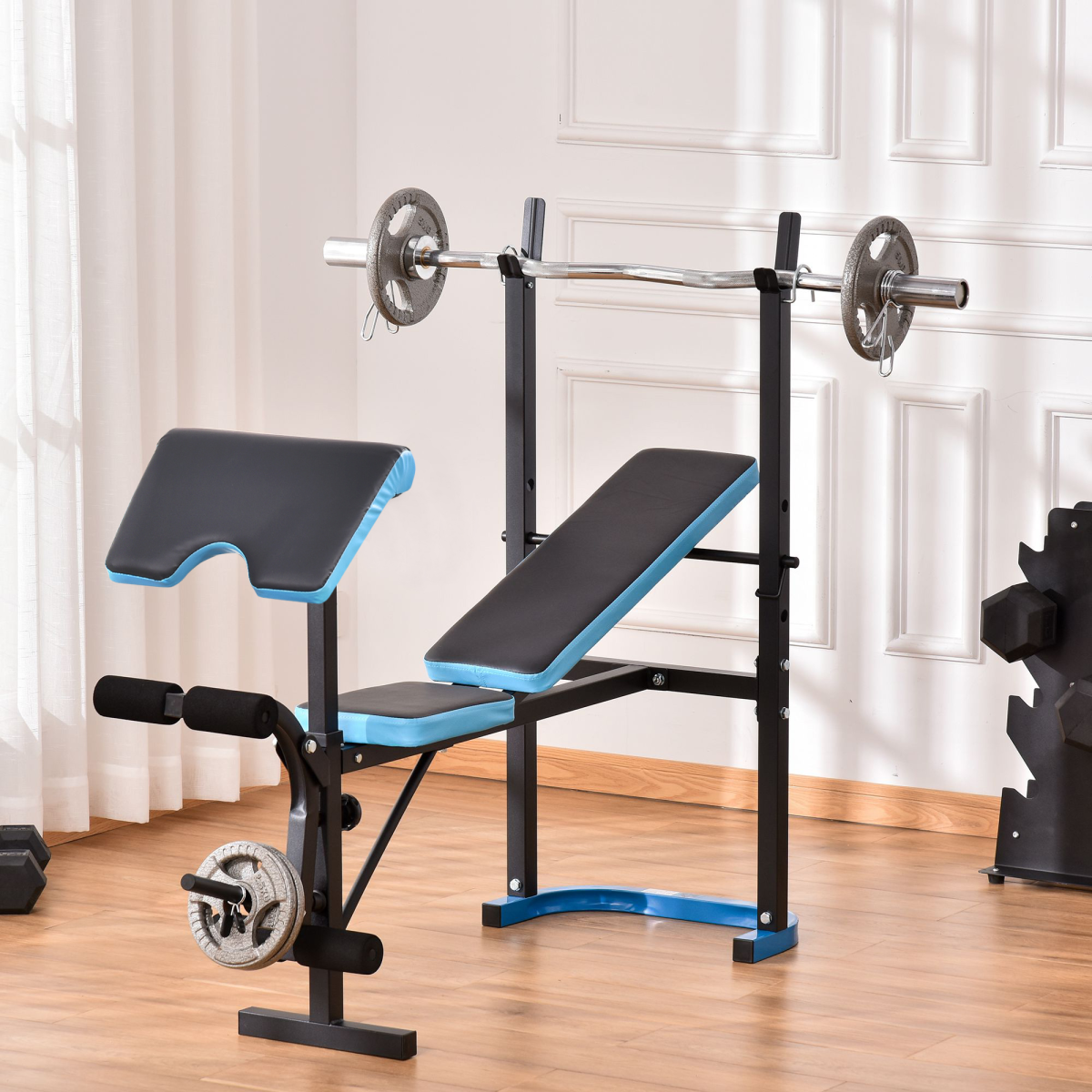 Adjustable Weight Bench with Leg Developer and 3-Level Adjustable Barbell Rack for Home Gym