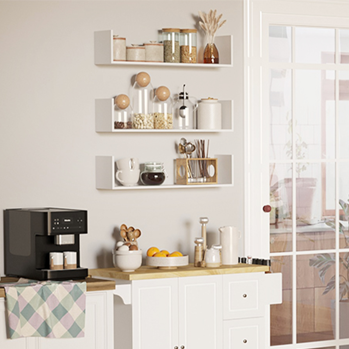 Set of 3 White Wooden Floating Wall Shelves Wall Mount Display Shelves