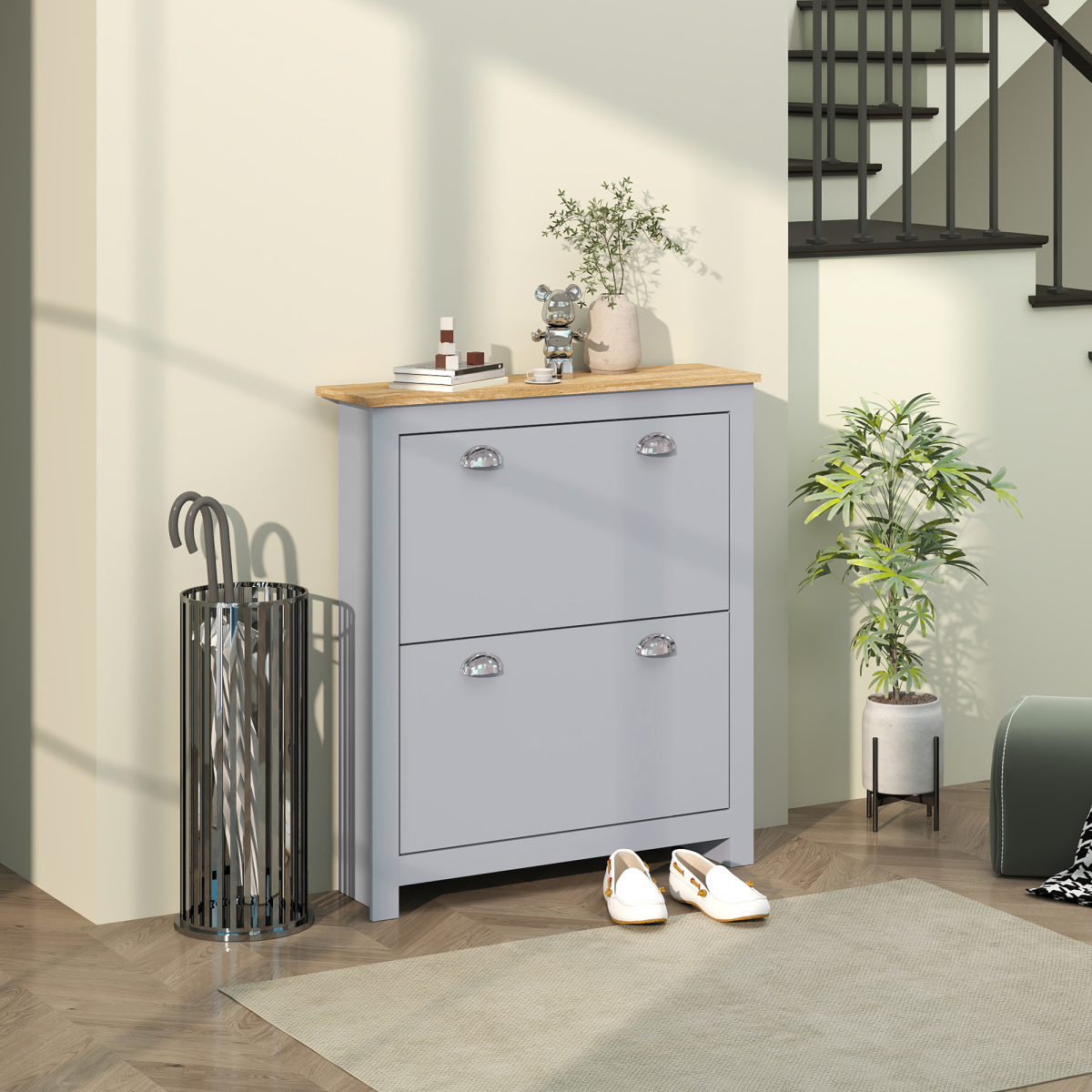 HOMCOM Slimline 2-Drawer Shoe Cabinet with Flip Doors, Grey