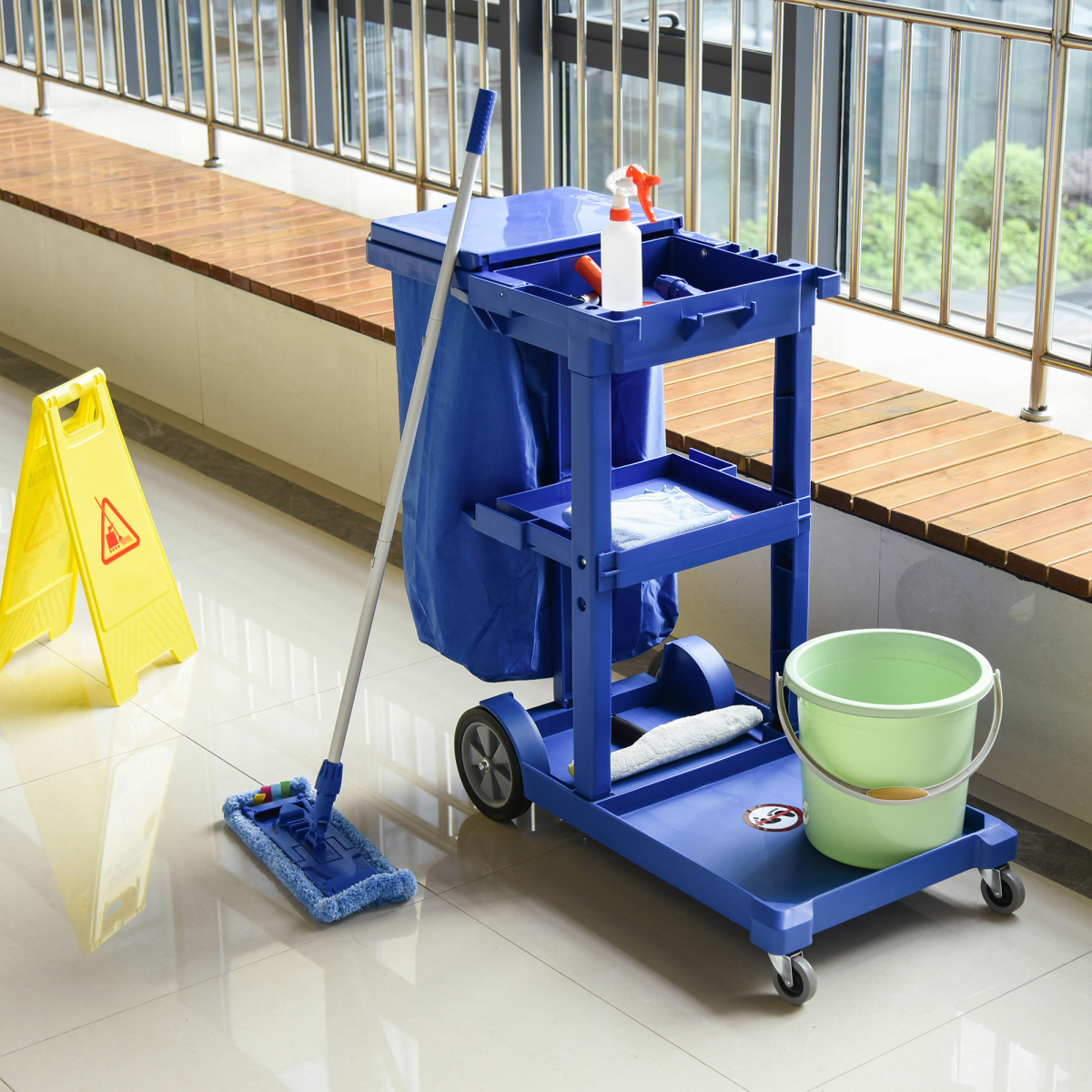 HOMCOM Cleaning Cart on Wheels with 3-Tier Storage, Blue