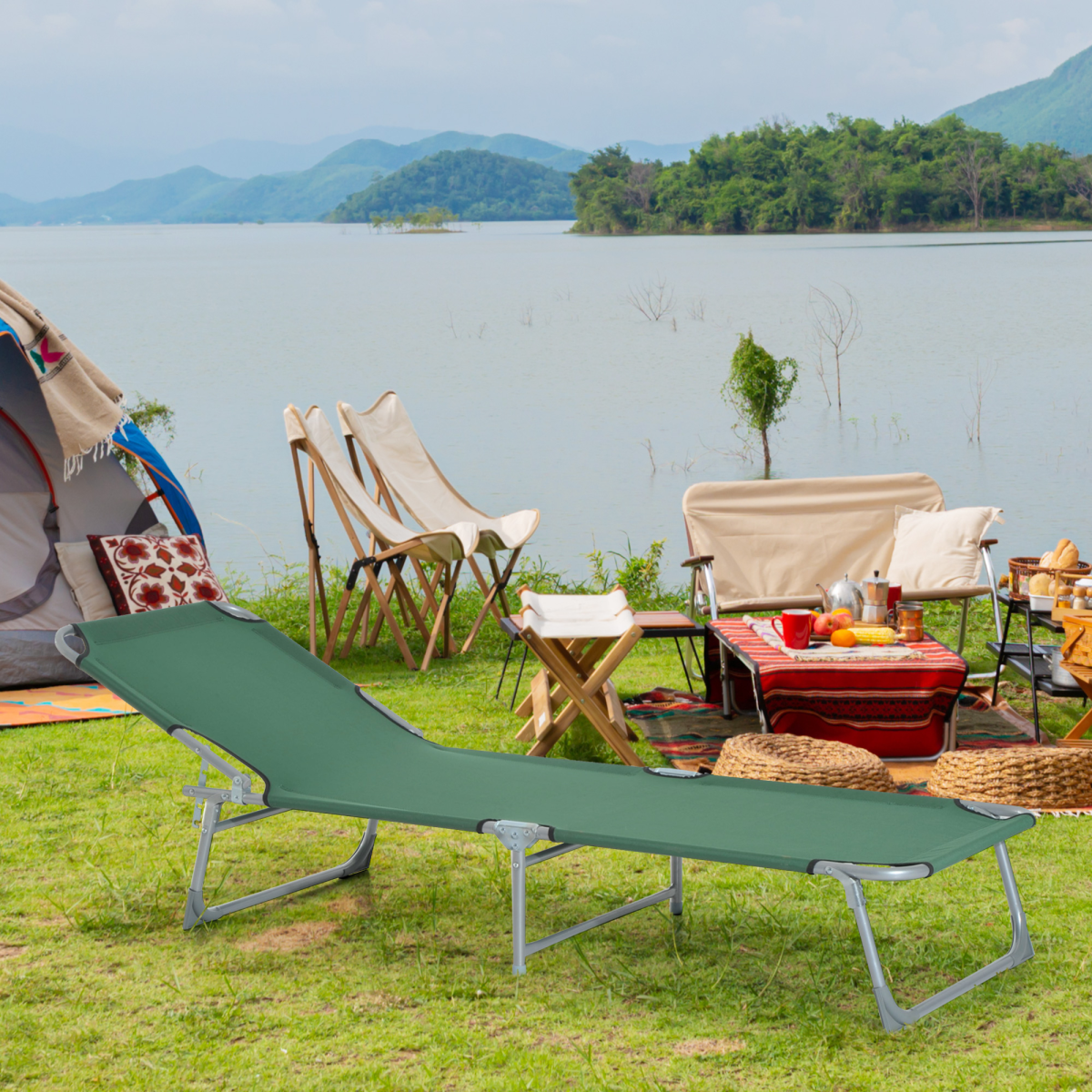 Adjustable Folding Camping Cot Recliner, Portable, Green