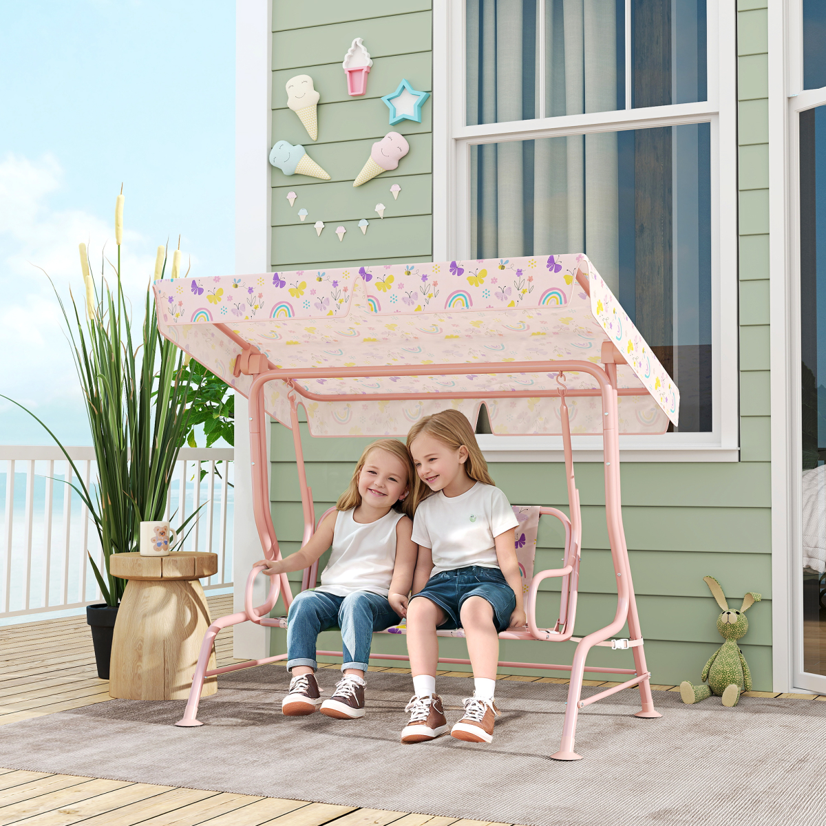 AIYAPLAY Rainbow Canopy Swing Seat for Kids 3-6 Years, Adjustable Canopy, Safety Belts, Outdoor Play Swing