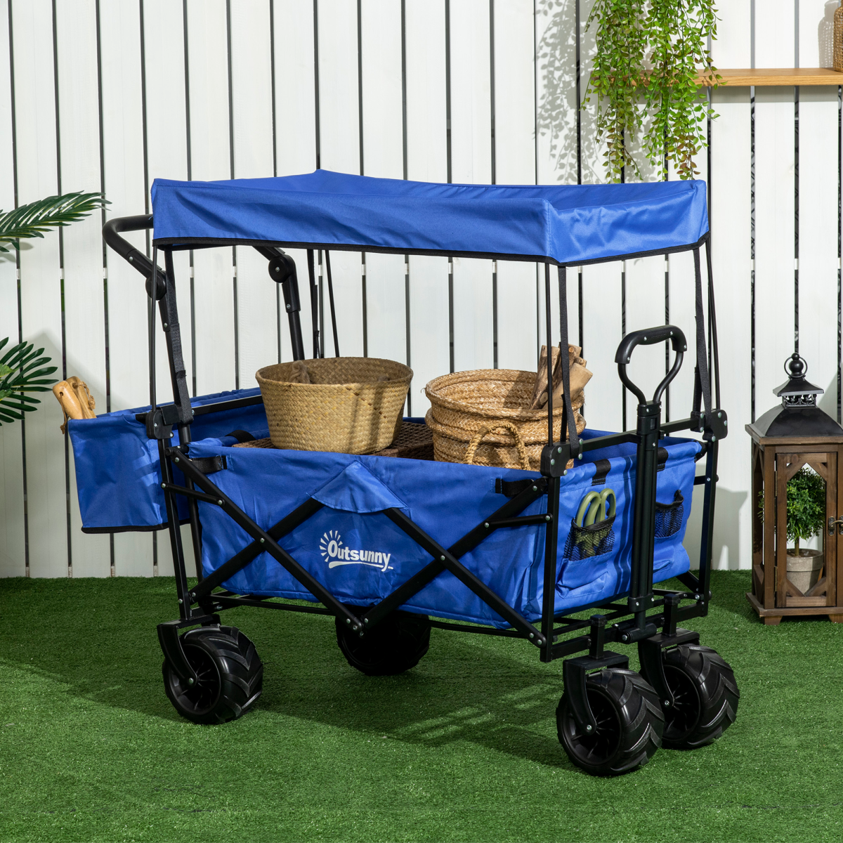 Outsunny Folding Trolley Cart Wagon, 4-Wheel, 2-Compartment, Blue