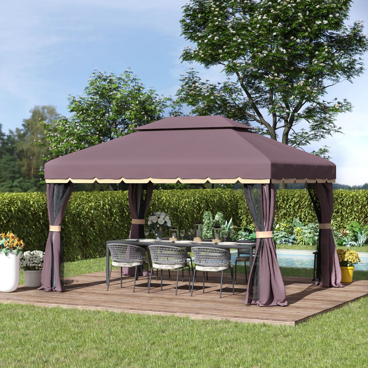 Outsunny Metal Frame Gazebo with Sides, Powder-Coated Aluminium Frame, PA-Coated Polyester Roof, Removable Curtains