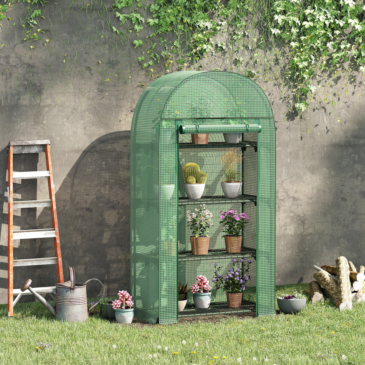 Outsunny 80 x 49 x 160 cm Mini Greenhouse with Storage Shelf, Roll-Up Zip Door, UV-Resistant PE Cover, Metal Frame, Green