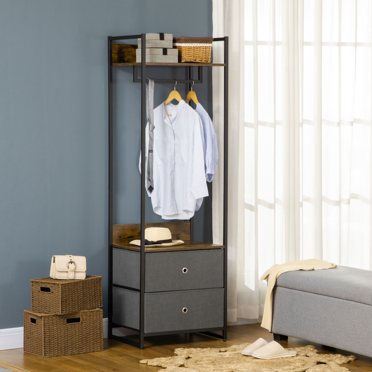 Industrial Clothes Rail Wardrobe with 2 Fabric Drawers and Shelf