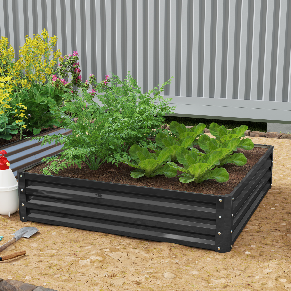 Outsunny Raised Garden Bed Frame, Galvanised Steel Outdoor Planter Kit, Grey, 120 x 120 x 30 cm