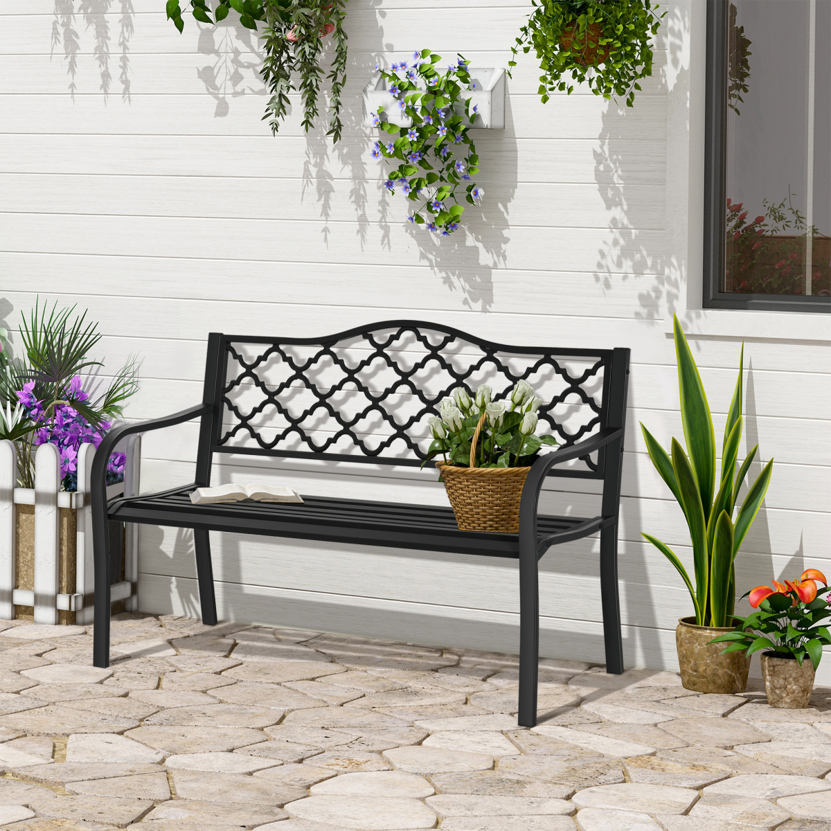 Outsunny 2-Seater Outdoor Garden Bench with Armrests, Matte Black Steel and Cast Iron, Vintage-Style Slatted Backrest