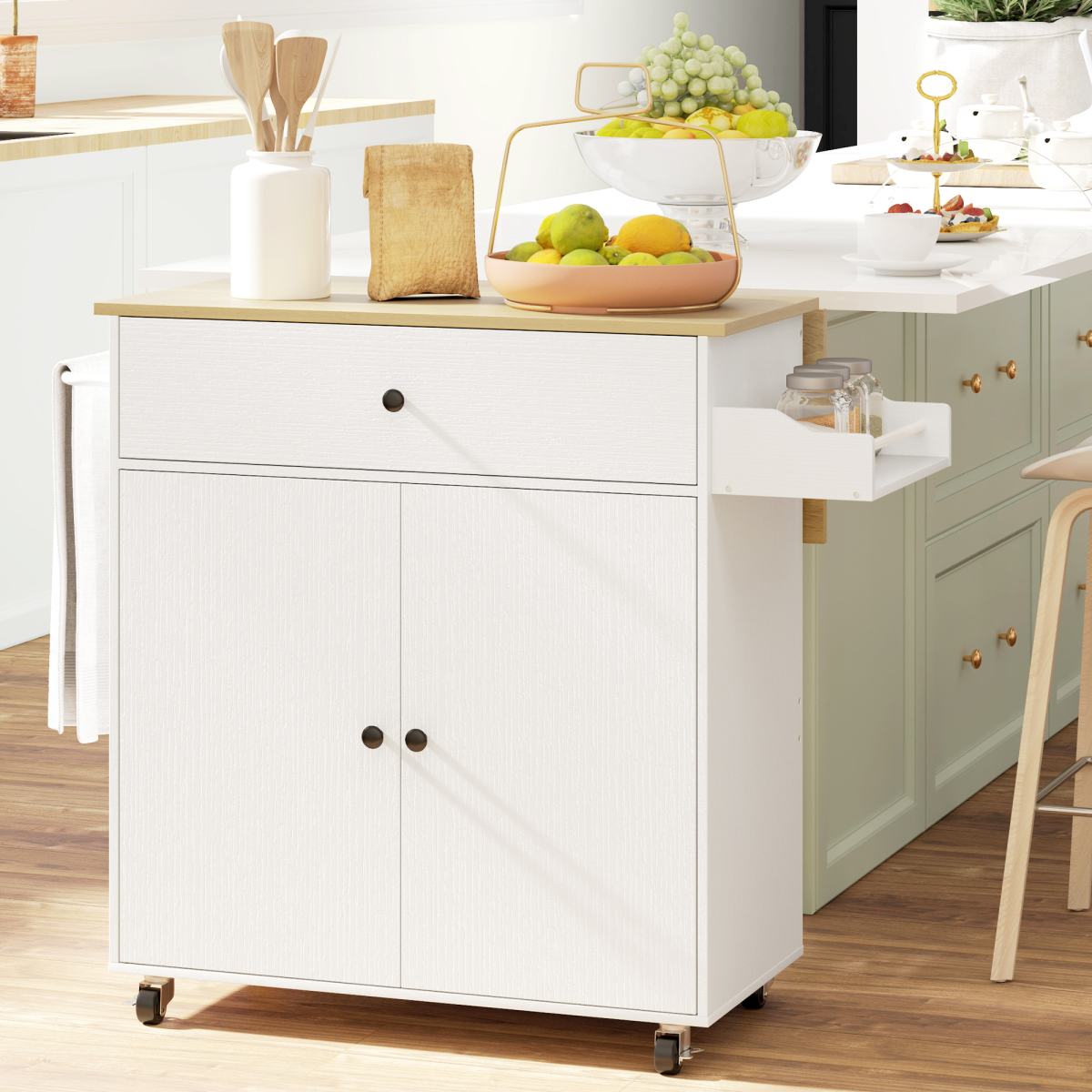 HOMCOM Rolling Kitchen Island with Drop Leaf, Storage Trolley, White