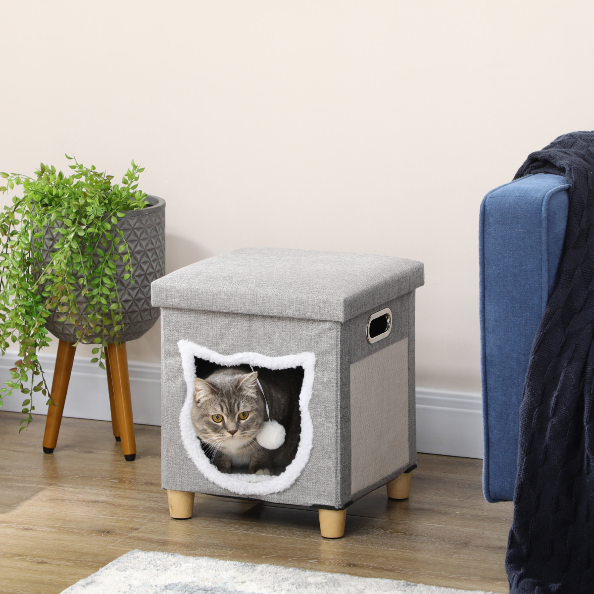 PawHut 2-in-1 Cat Bed Ottoman with Scratching Pad, Cushion & Handle