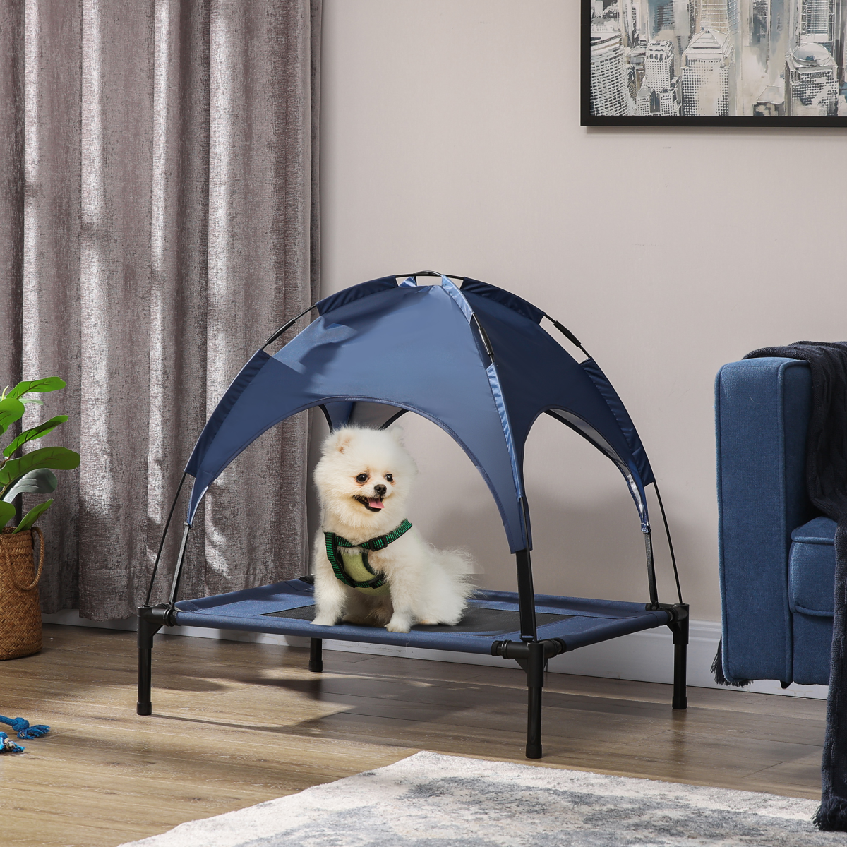 PawHut Elevated Cooling Dog Bed with Removable Canopy, Blue