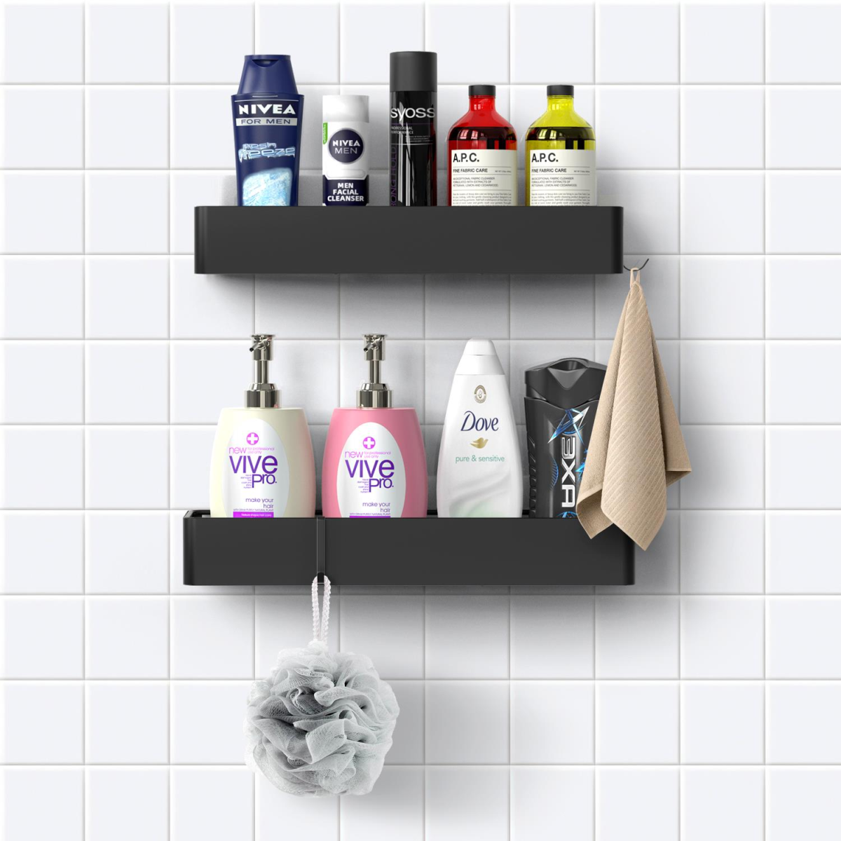 Vinsani 2-Piece Black Adhesive Shower Caddy Set, Rustproof Stainless Steel No-Drill Bathroom Organizer