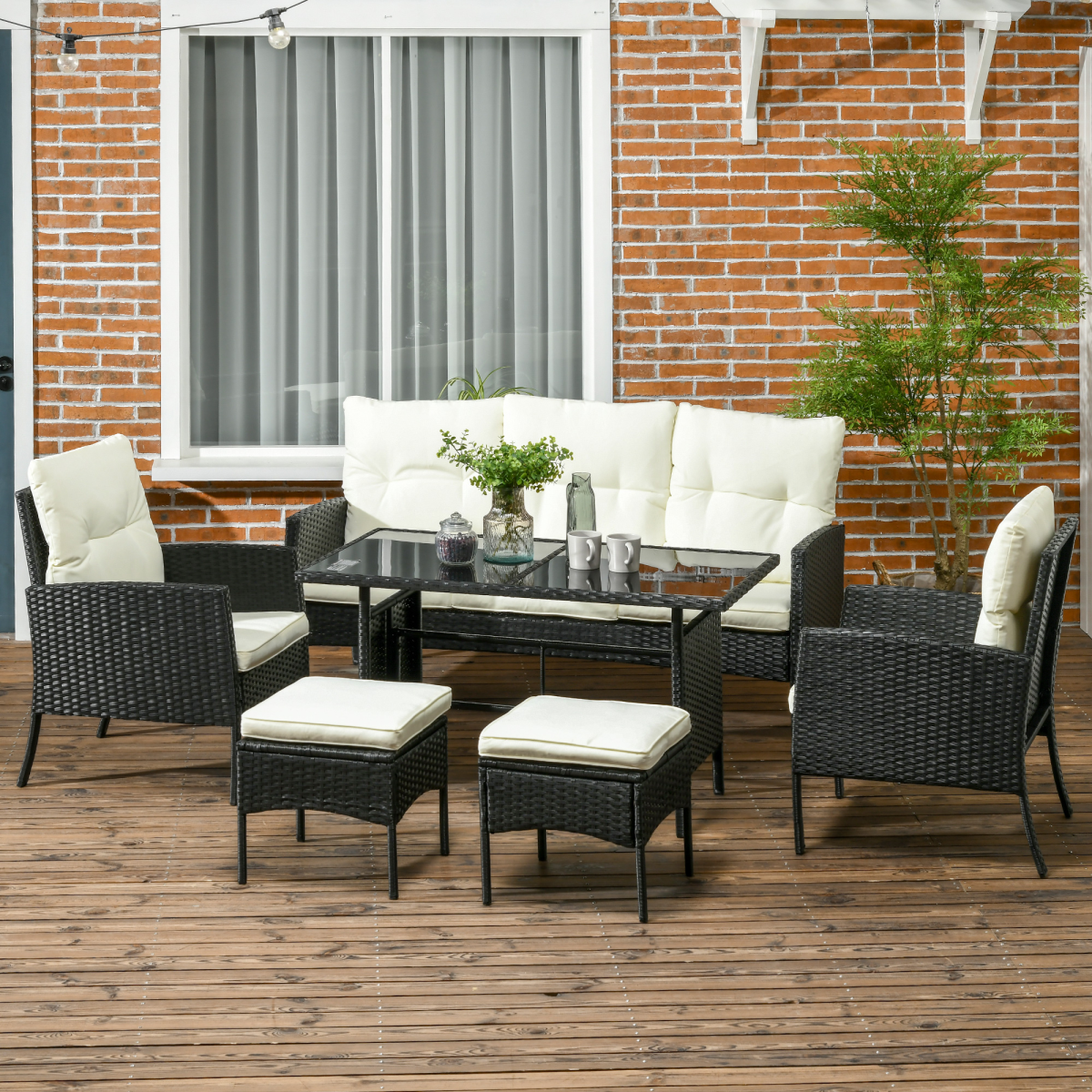 Outsunny 6-Piece Rattan Garden Sofa Set with Table, Armchairs & Footstools