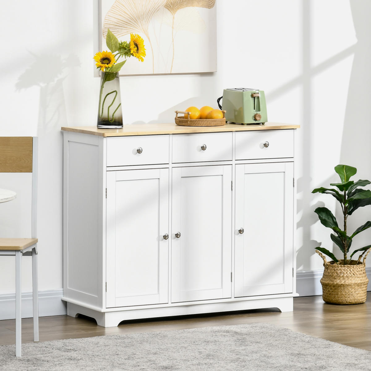 HOMCOM White Sideboard with Rubberwood Top, 3 Storage Cabinets, 3 Drawers, Adjustable Shelves