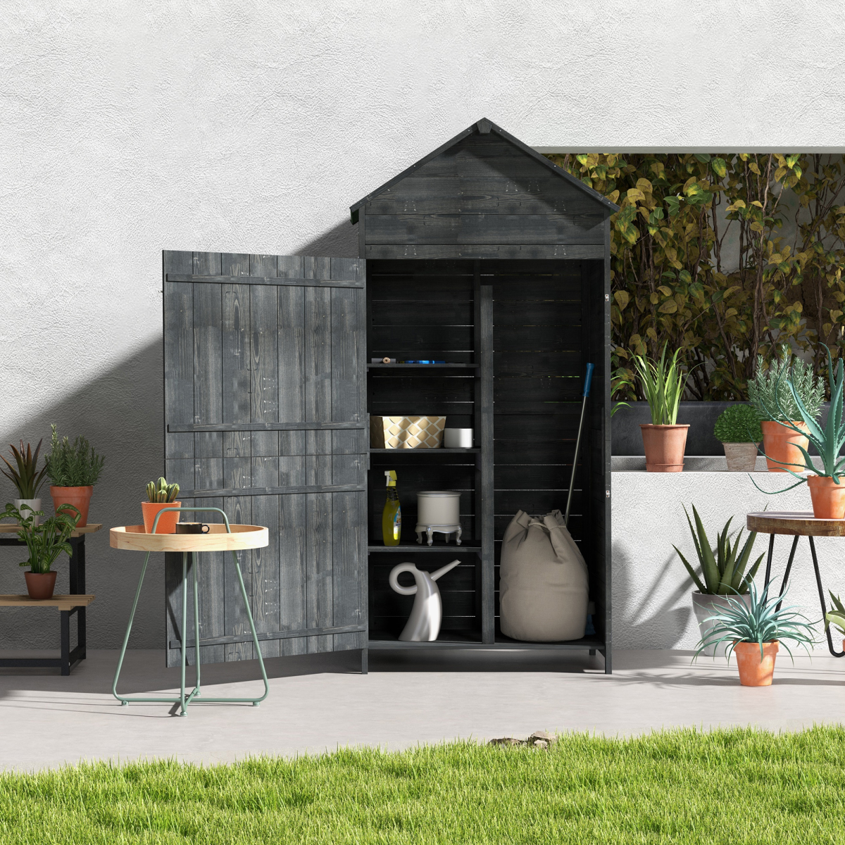 Outsunny Wooden Garden Storage Cabinet with 3 Shelves, Grey, Locking