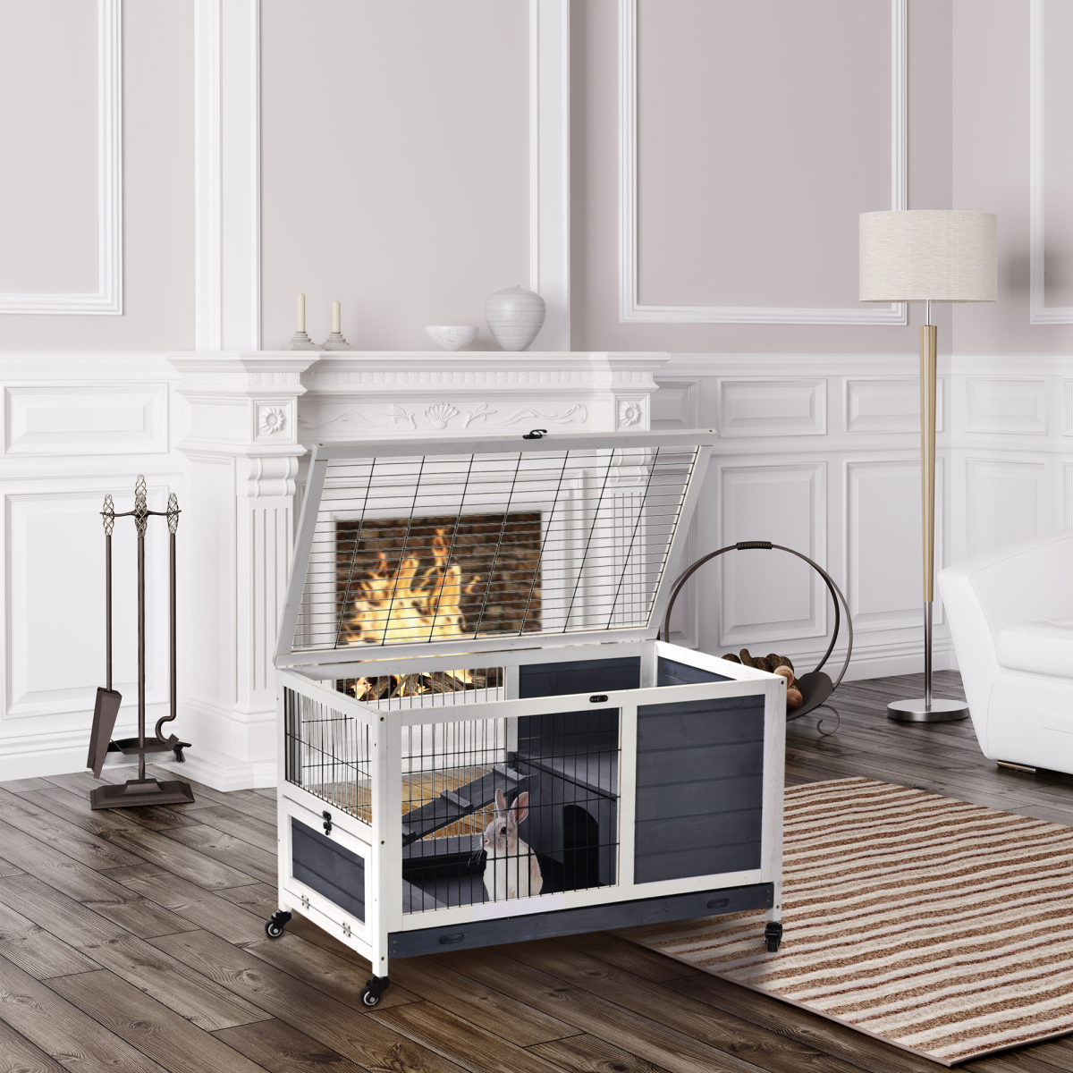 Wood Indoor Rabbit Hutch, 2-Floor Elevated Cage with Wheels