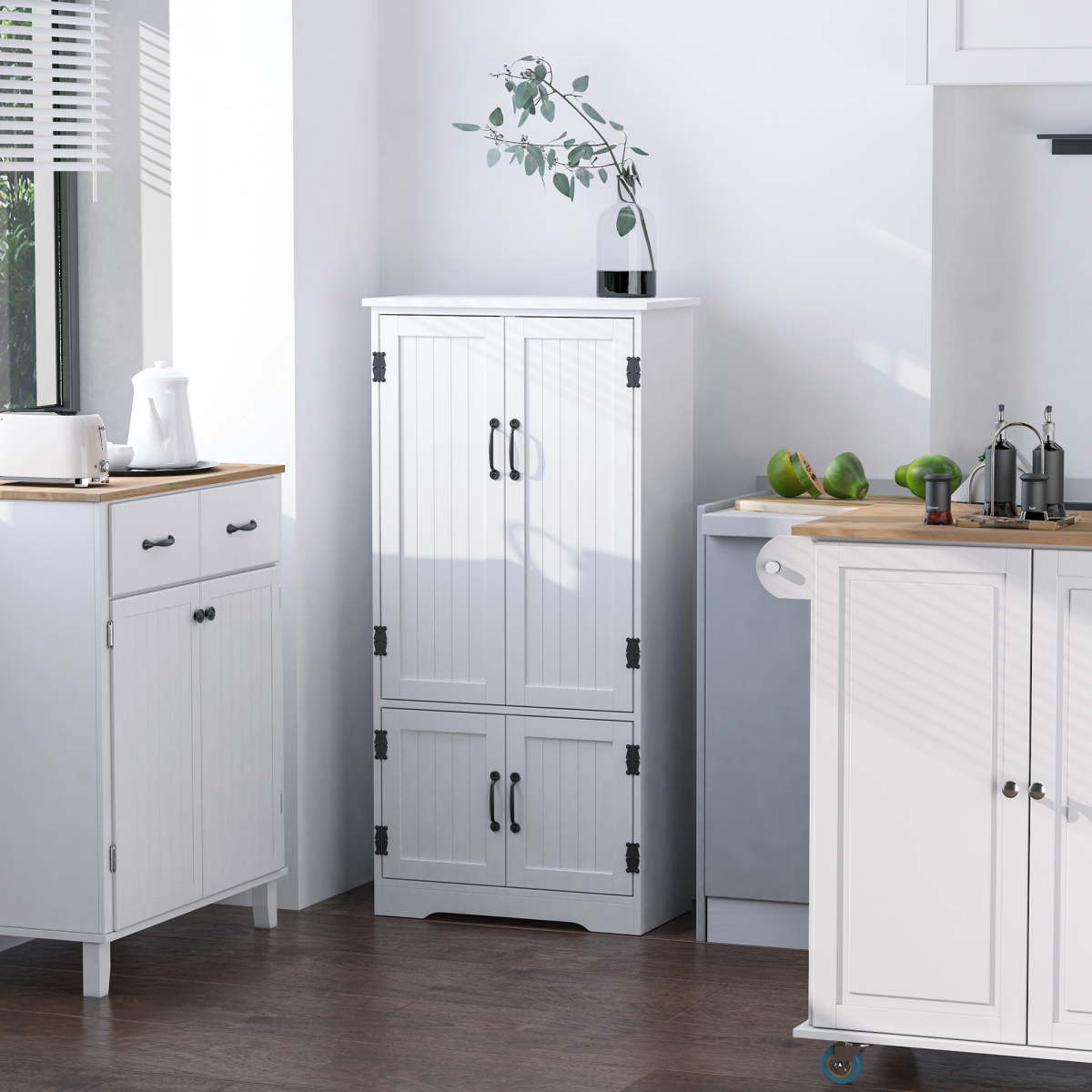 Modern Freestanding Storage Hutch Cabinet with 4 Doors and Adjustable Removable Shelves