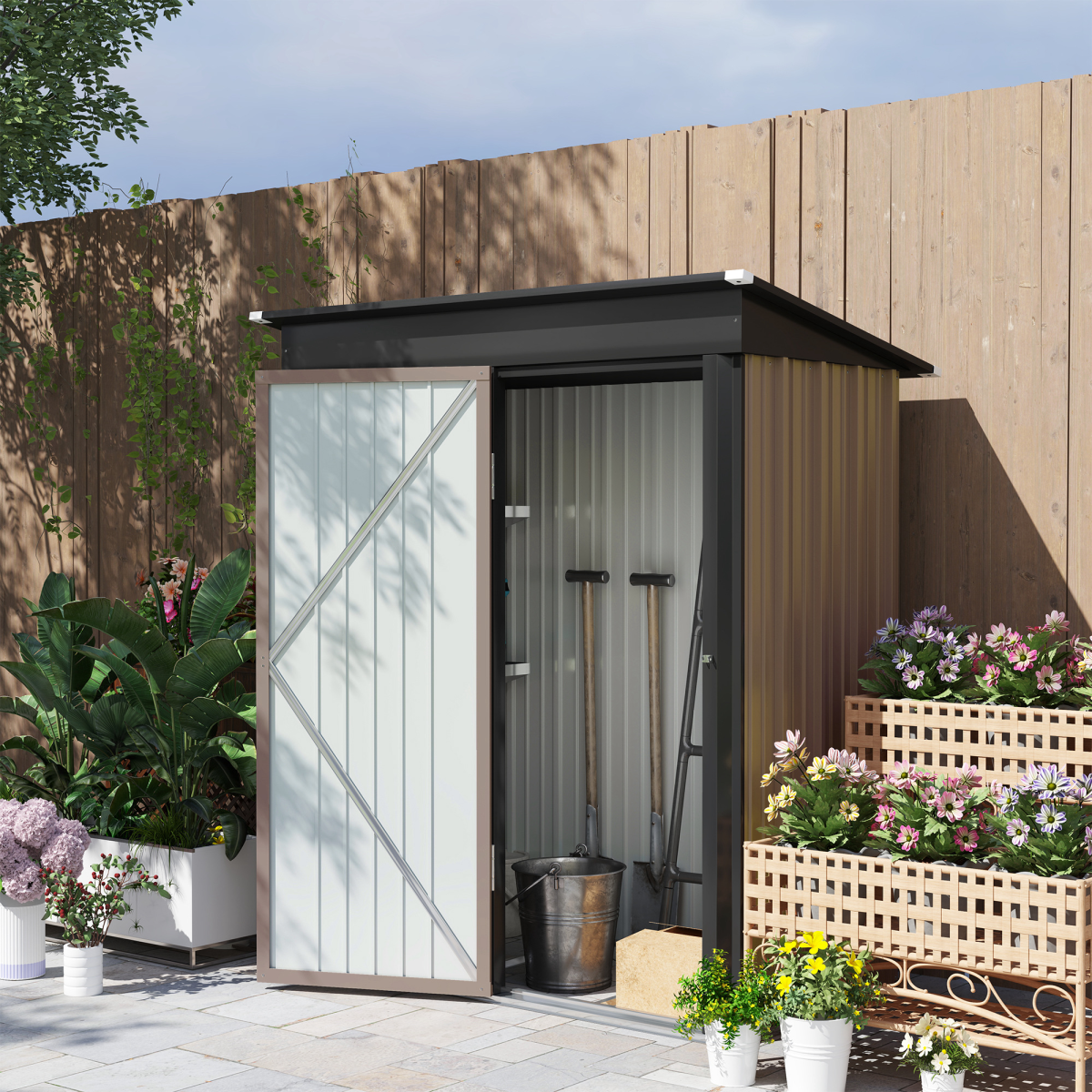 Outsunny Lean-to Steel Garden Shed, 5x3 ft, Bike Storage, Brown
