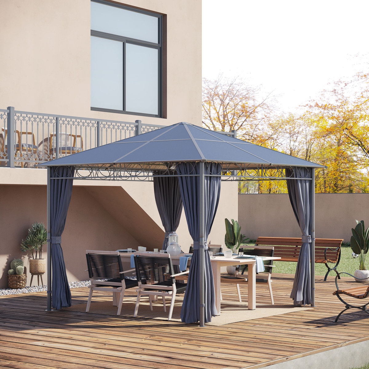 Outsunny 3 x 3m Hardtop Gazebo with Polycarbonate Roof & Curtains
