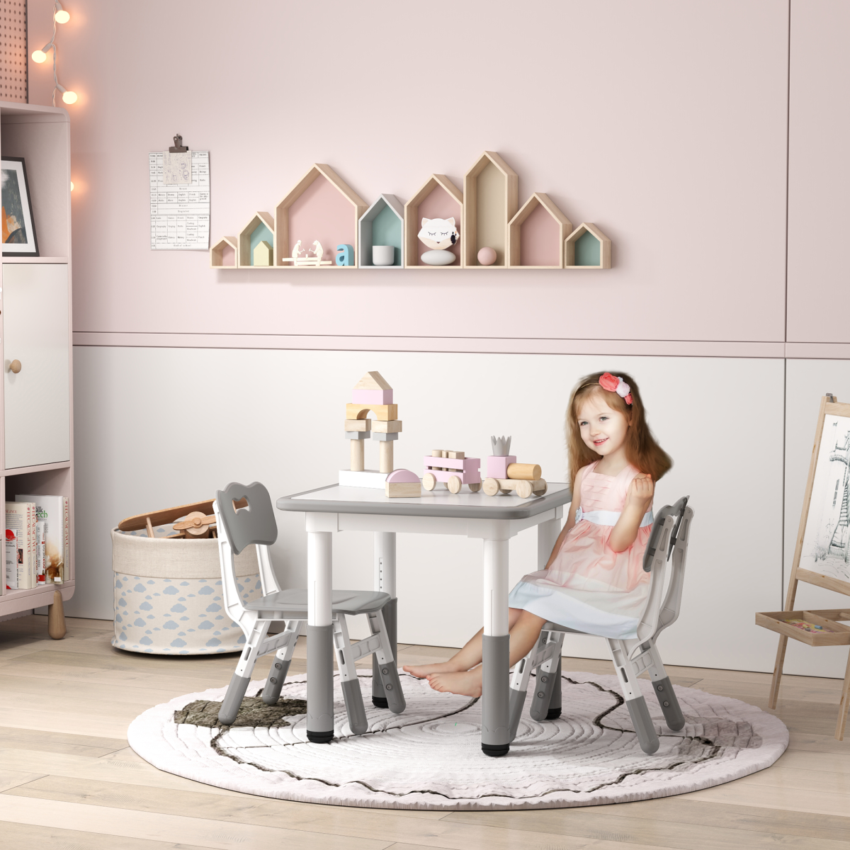 AIYAPLAY 3-Piece Height Adjustable Kids Table and Chair Set, Grey
