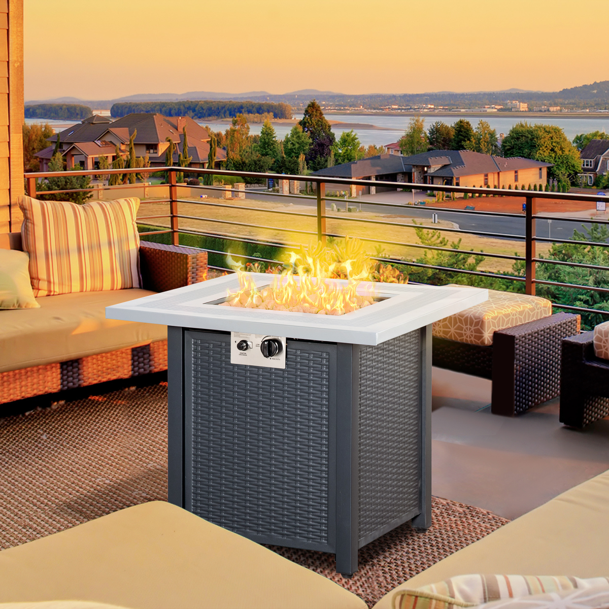 Square Propane Gas Fire Pit Table Rattan Smokeless Heater with Lava Rocks & Lid