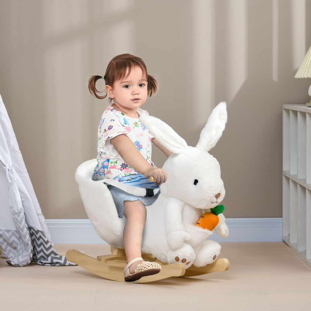 HOMCOM Kids Rabbit Rocking Horse with Sounds and Safety Belt, White