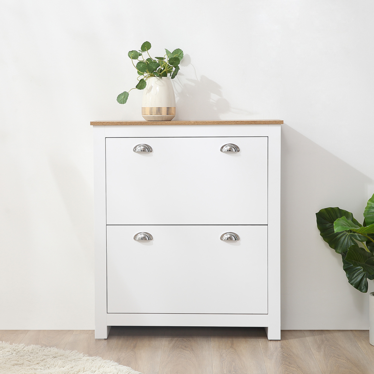 HOMCOM White Narrow Shoe Cabinet with 2 Flip-Down Drawers