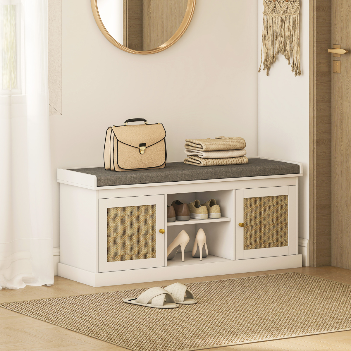 HOMCOM Boho Rattan Shoe Storage Bench with Padded Seat
