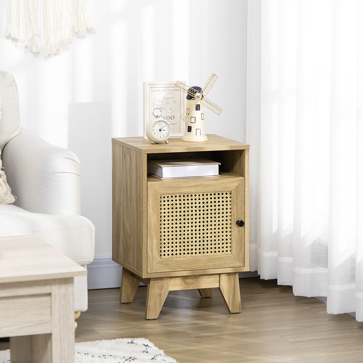HOMCOM Bedside Table with Drawer, Shelf and Rattan Panel