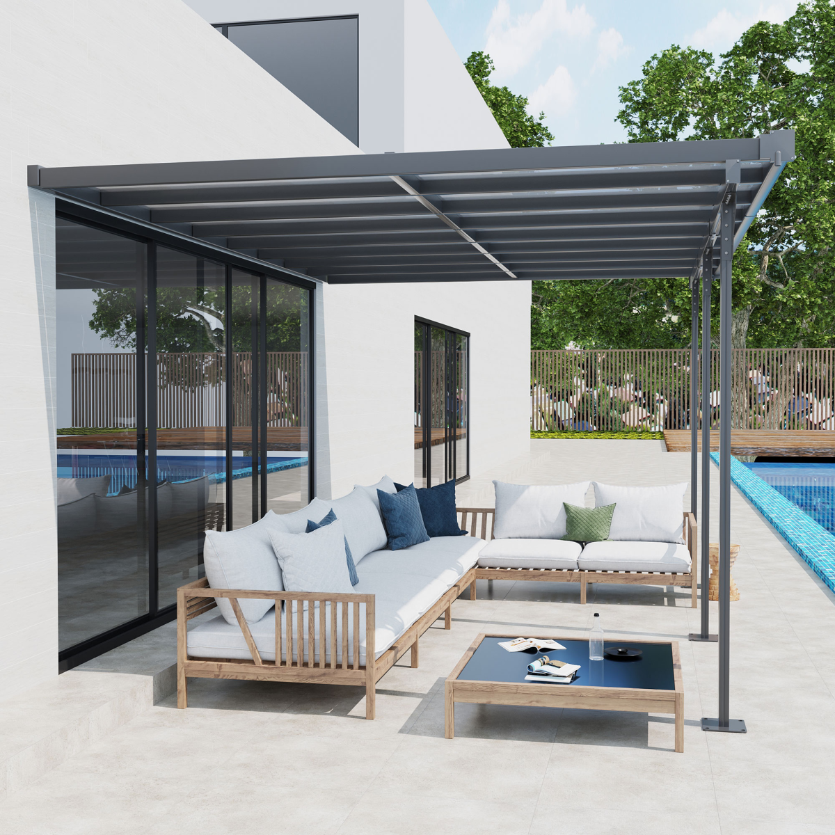Outsunny Wall-Mounted Aluminum Patio Gazebo Pergola with Polycarbonate Roof, 4.35 x 3 m