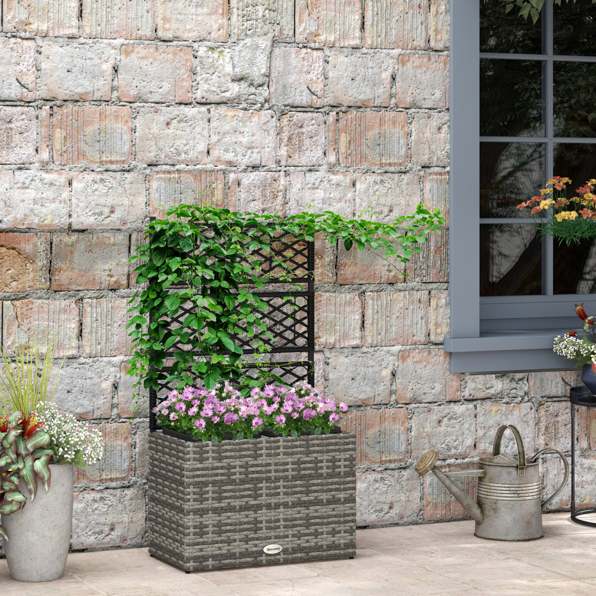 Outsunny Garden Raised Planter Box with Trellis, PE Rattan, 57 x 30 x 107 cm, Mixed Grey and Black
