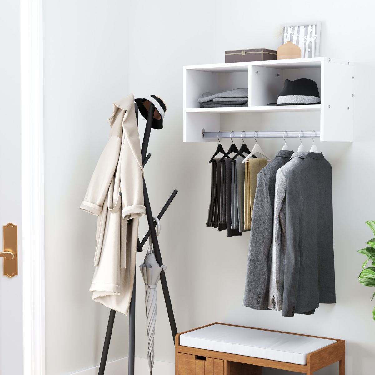 HOMCOM Wall Mounted Coat Rack with Clothes Rail and 2 Shelves, White