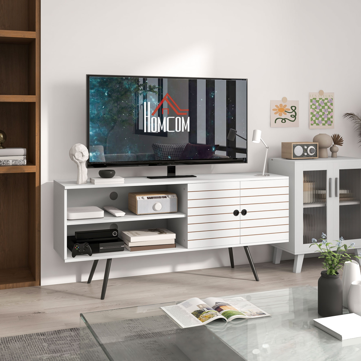 HOMCOM White TV Unit for 65" TVs with 2 Shelves, Door & Cable Holes