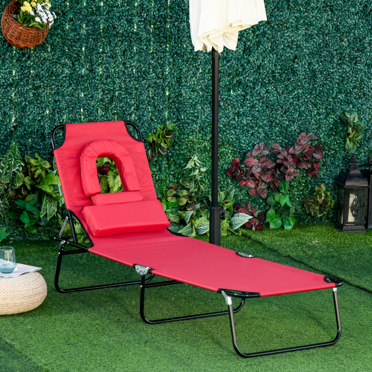 Outsunny Folding Sun Lounger Reclining Chair with Adjustable Backrest and Reading Hole, Red