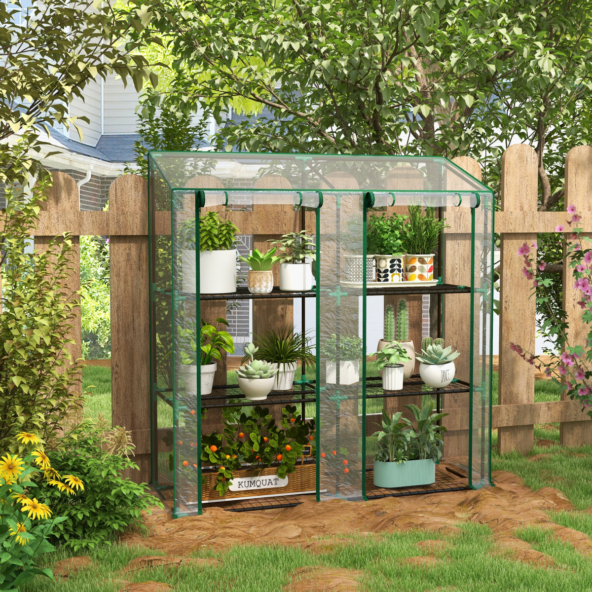 Outsunny Mini Lean-To Greenhouse with 3-Tier Shelves, Clear, 143L x 46W x 141/151Hcm