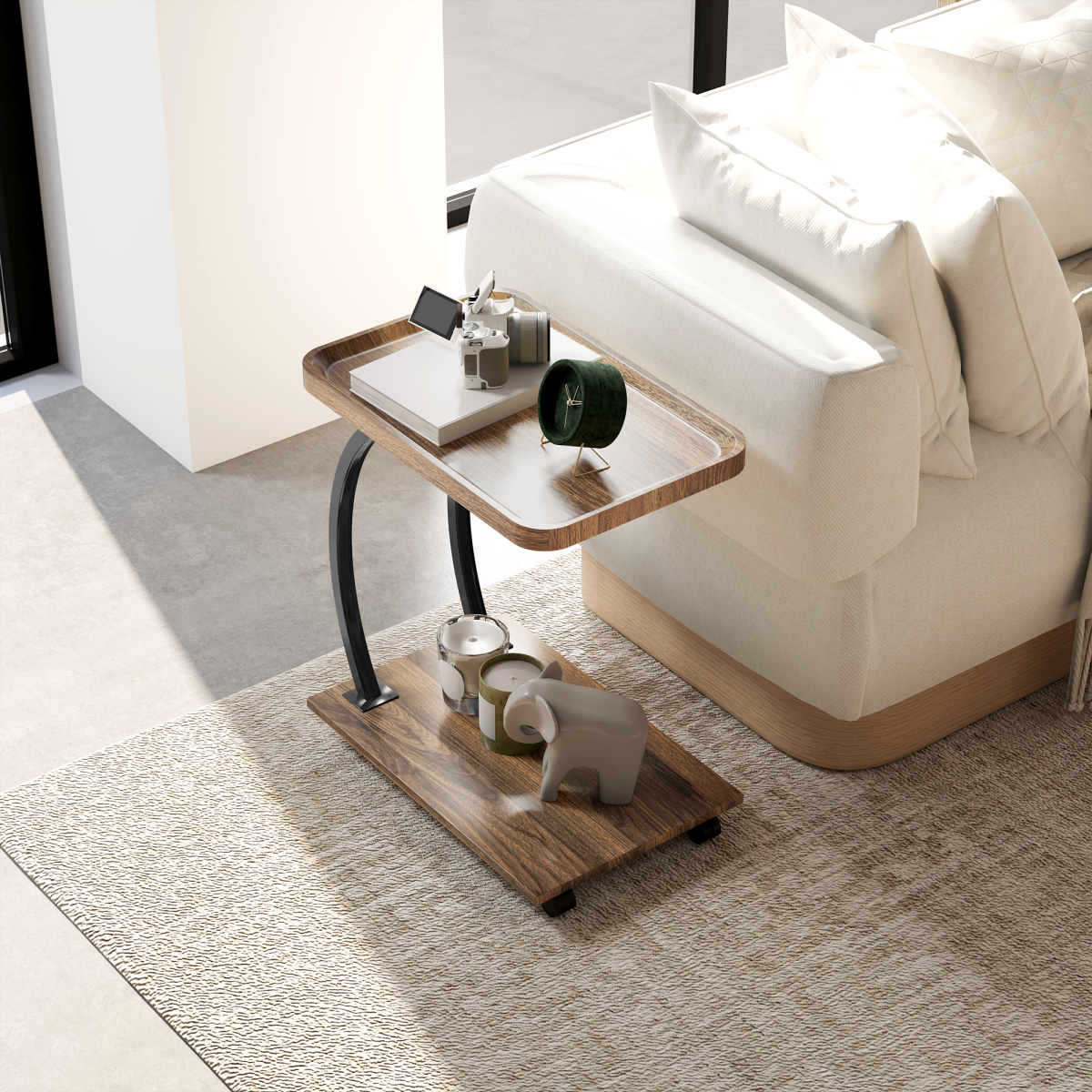 HOMCOM C-Shaped 2-Tier Side Table with Storage and Wheels, Brown