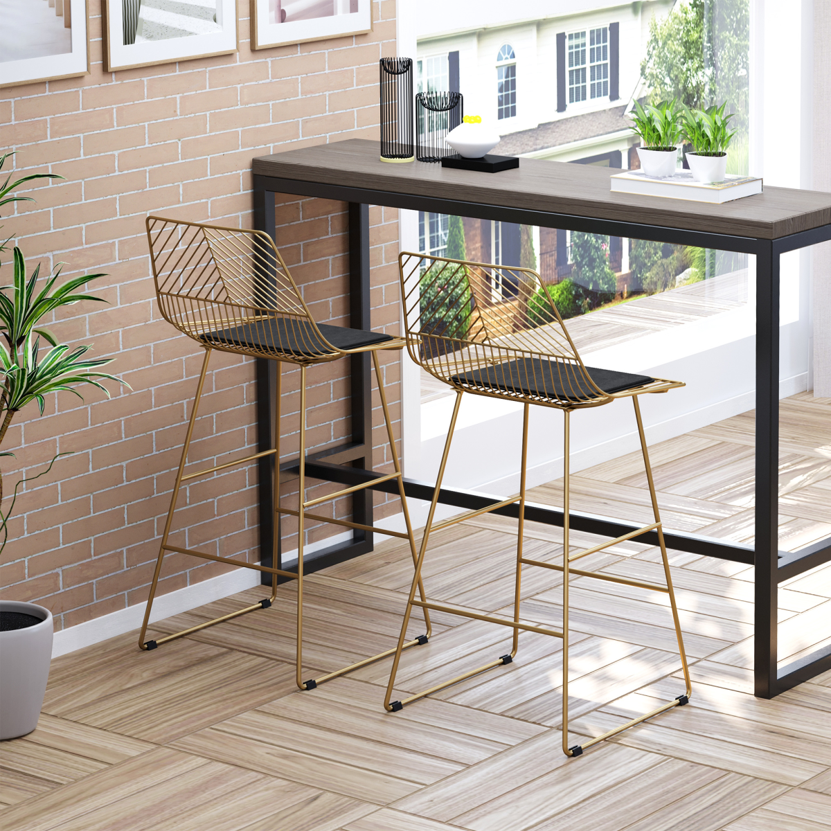 HOMCOM Set of 2 Counter Height Metal Bar Stools with Cushions