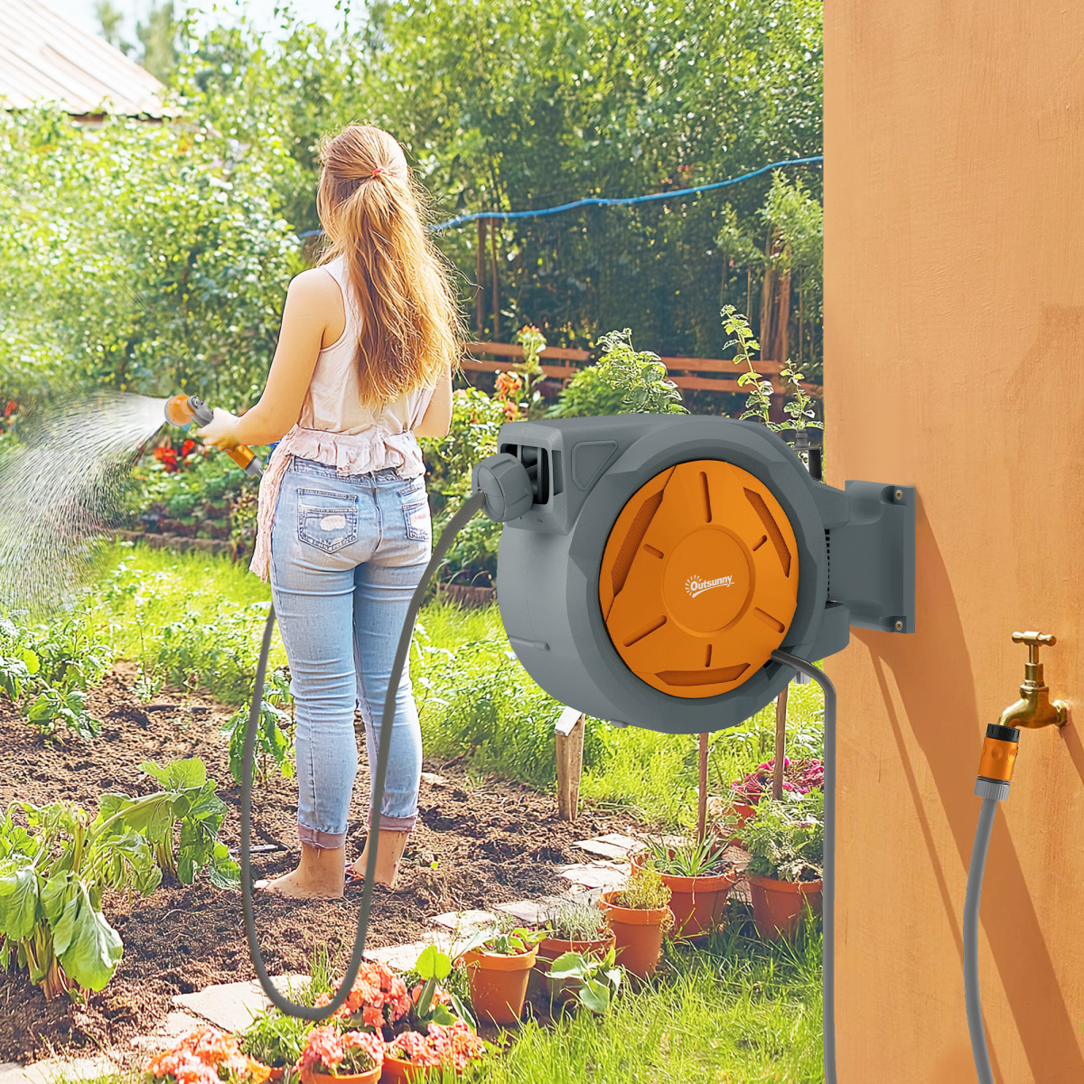 Outsunny 30m Retractable Wall Mounted Hose Reel with Lock, Orange