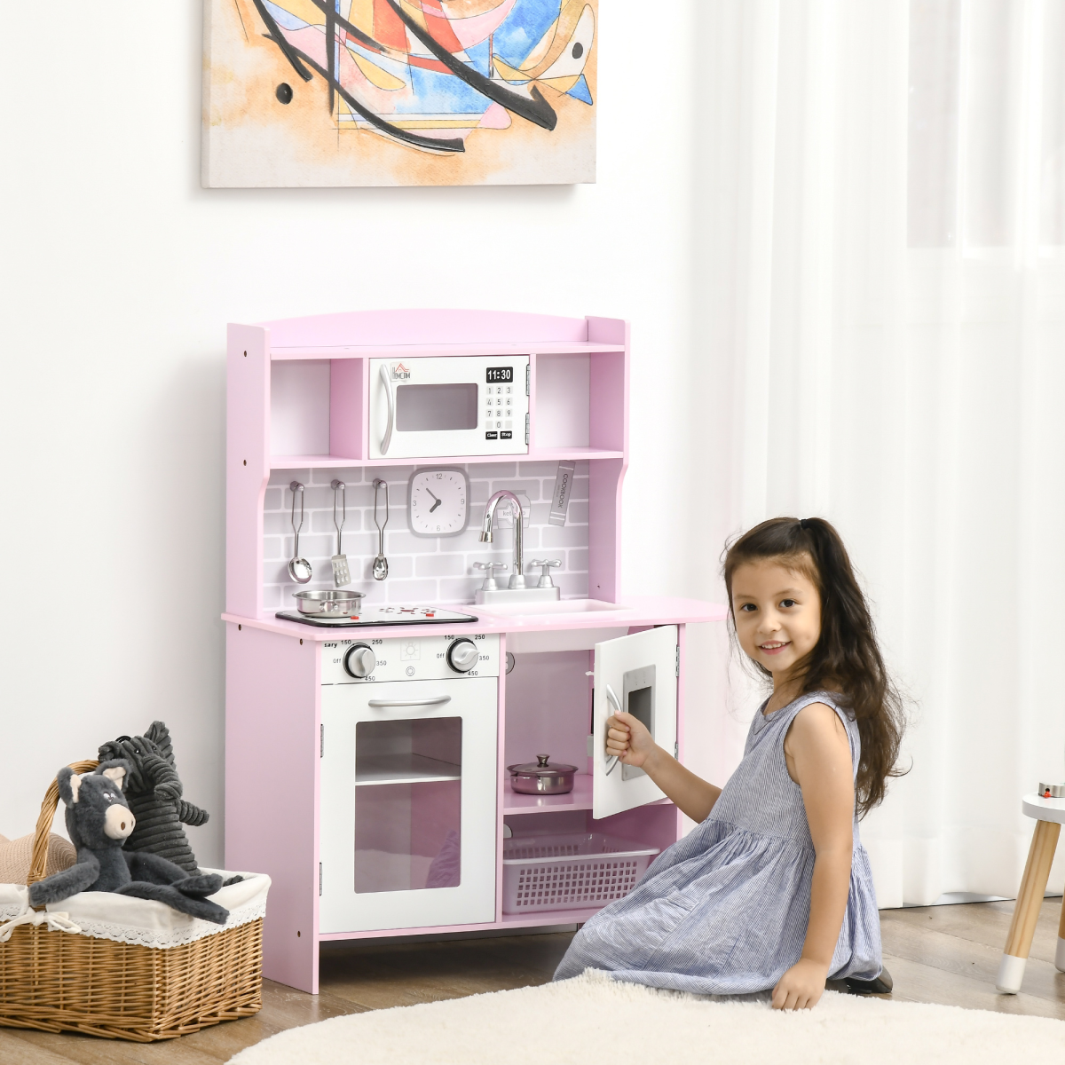 Kids Kitchen Playset with Lights and Sounds, Sink, Oven, Microwave, Ages 3-6, HOMCOM