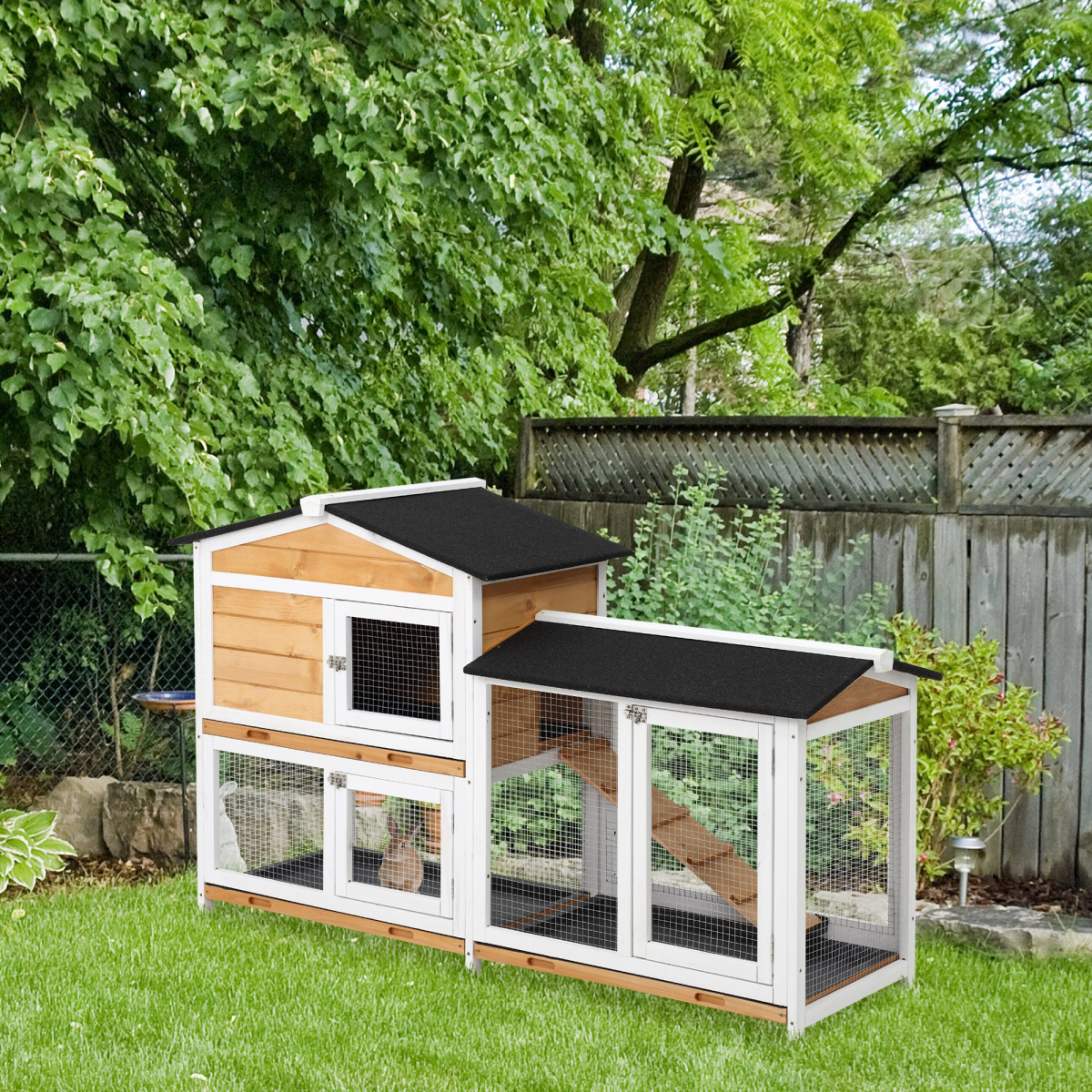 2-Tier Wooden Rabbit Hutch Outdoor Pet Cage with Ramp and Slide-Out Trays PawHut