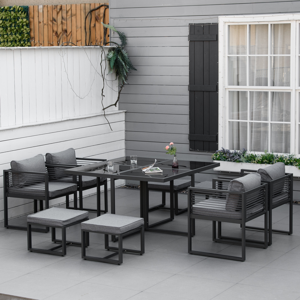 Outsunny 8-Seater Grey Garden Dining Set with Table, Chairs & Footstools