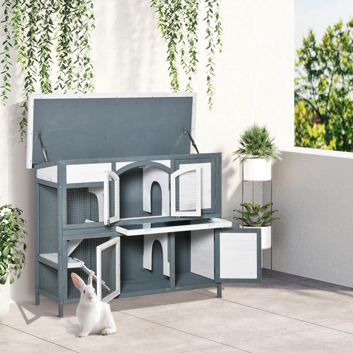 PawHut Two-Tier Wooden Rabbit Hutch with Openable Roof, Pull-Out Tray, Ramps, and Lockable Doors