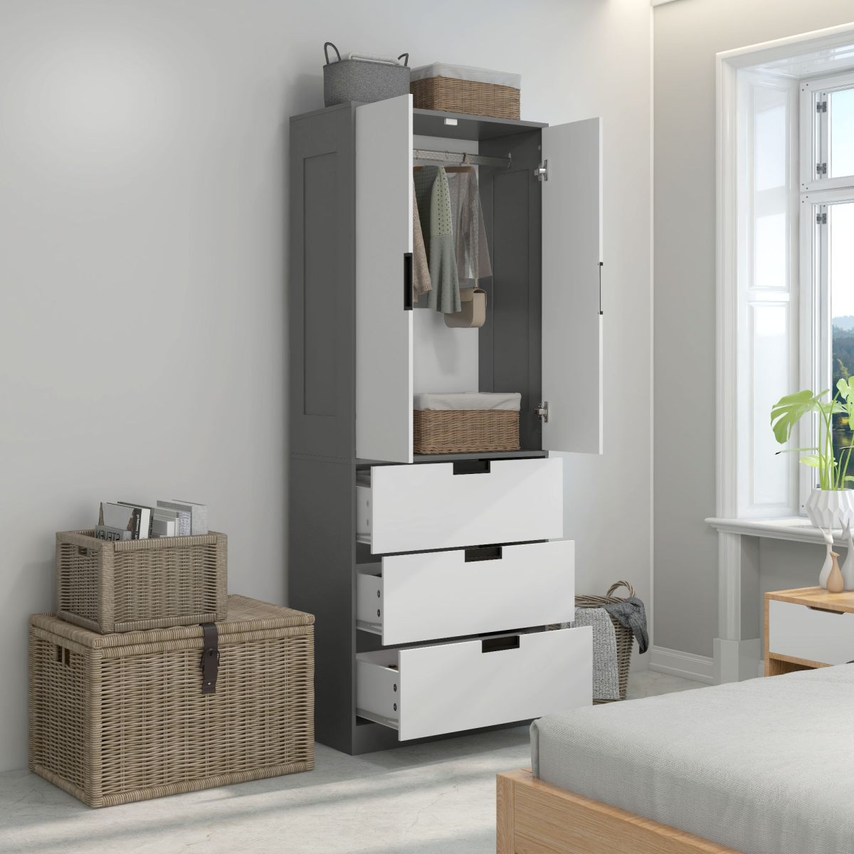 HOMCOM White and Grey 2-Door Wardrobe with 3 Drawers and Rail