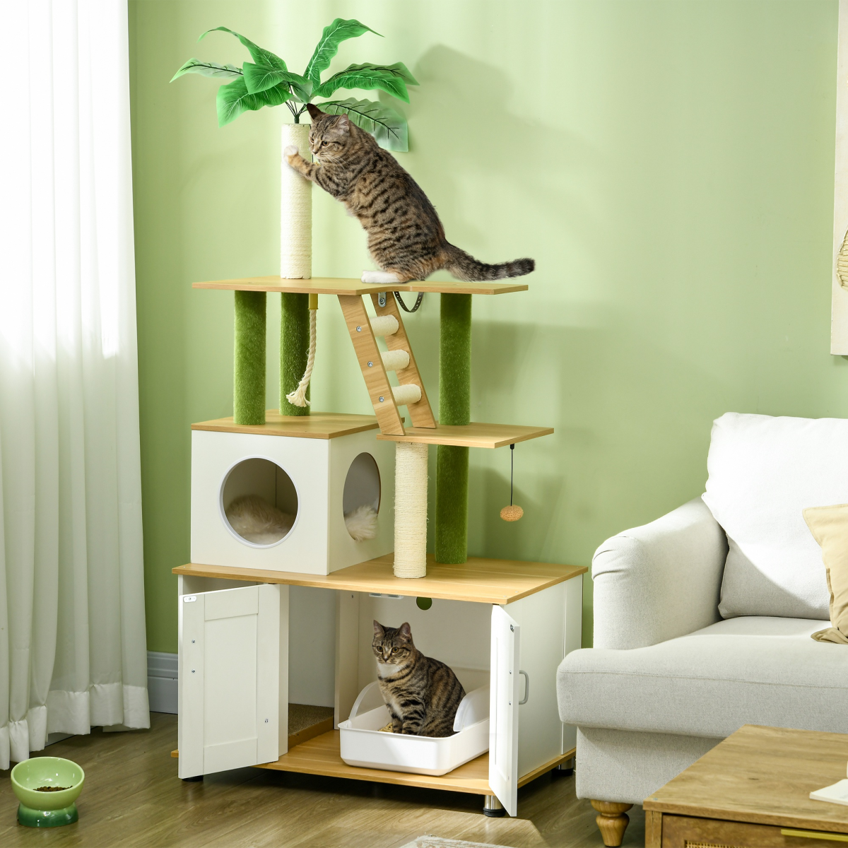 PawHut 2-in-1 Hidden Litter Box Cat Tree, Indoor, Oak