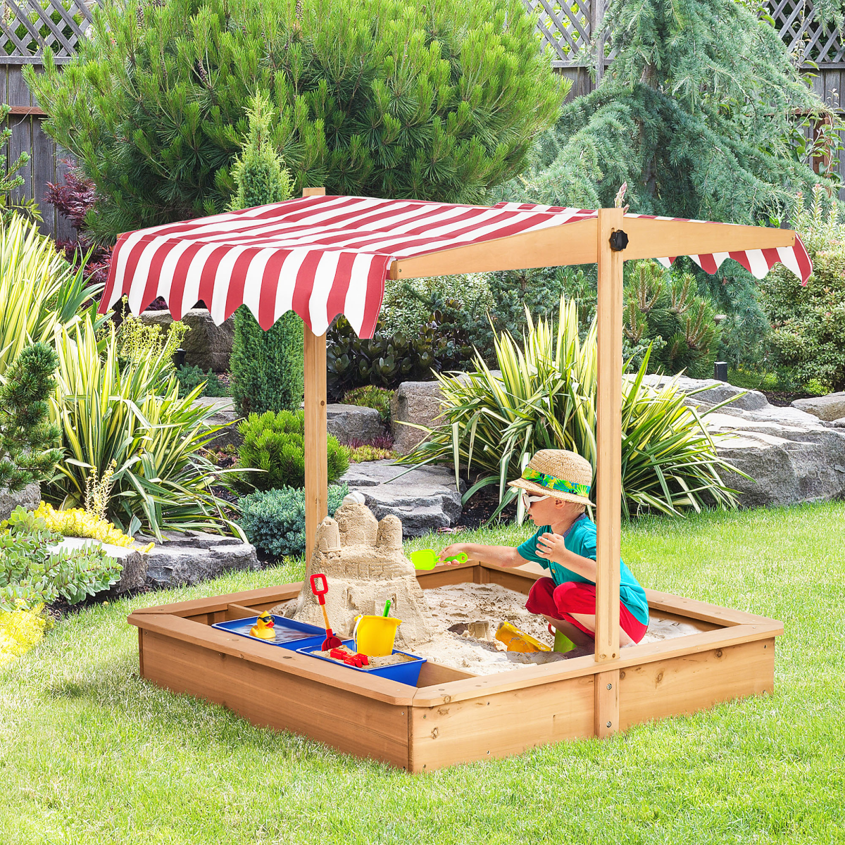 Kids Wooden Sandbox Sand Pit with Adjustable Canopy, Wooden Structure, Non-Woven Liner, Outsunny